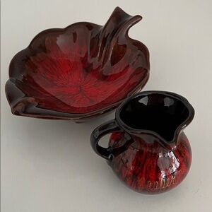 VINTAGE Lot of 2 McMaster Canada 33 Leaf Dish  & Small Jug Red Drip Glaze 70's